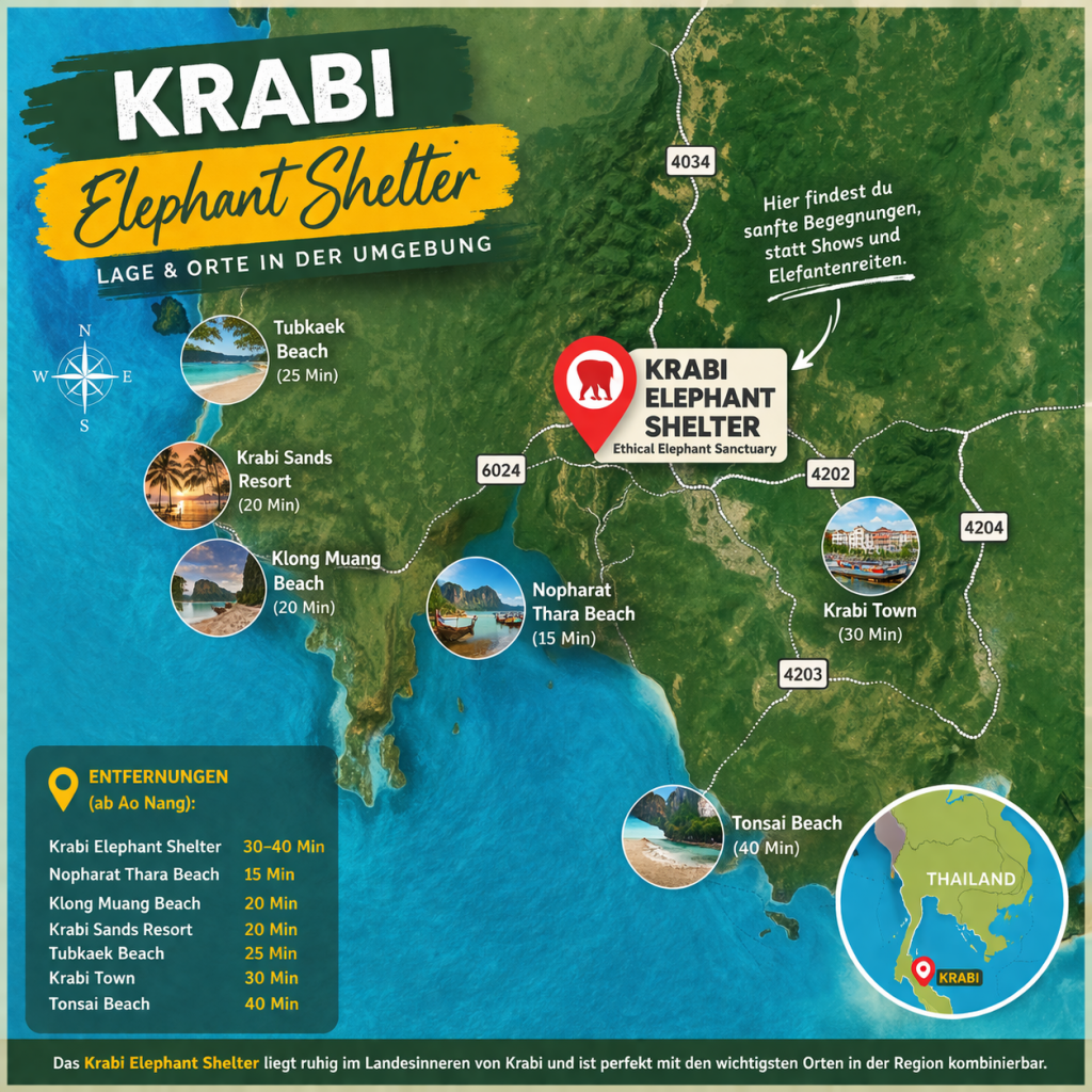 Das Krabi Elephant Shelter liegt etwa 30 bis 40 Minuten von Ao Nang entfernt und lässt sich gut in einen Aufenthalt in der Region integrieren.