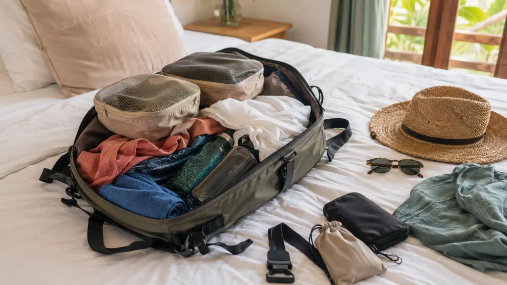 Geöffneter Reiserucksack mit Kleidung und Packwürfeln für eine Thailand-Reise