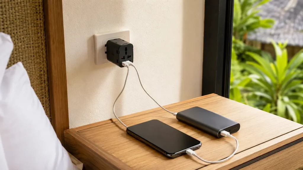 Universal-Reiseadapter lädt Smartphone und Powerbank in einem Hotel in Thailand