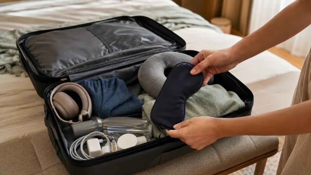 Handgepäck mit Schlafmaske, Nackenkissen und Kopfhörern für den Flug nach Thailand