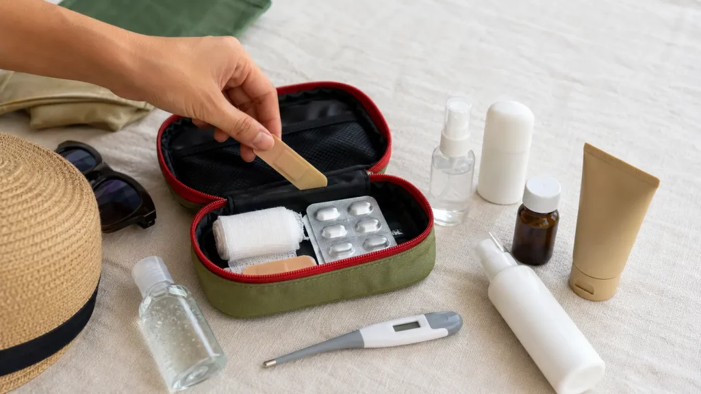 Reiseapotheke mit Verbandsmaterial, Mückenschutz und Sonnencreme für Thailand