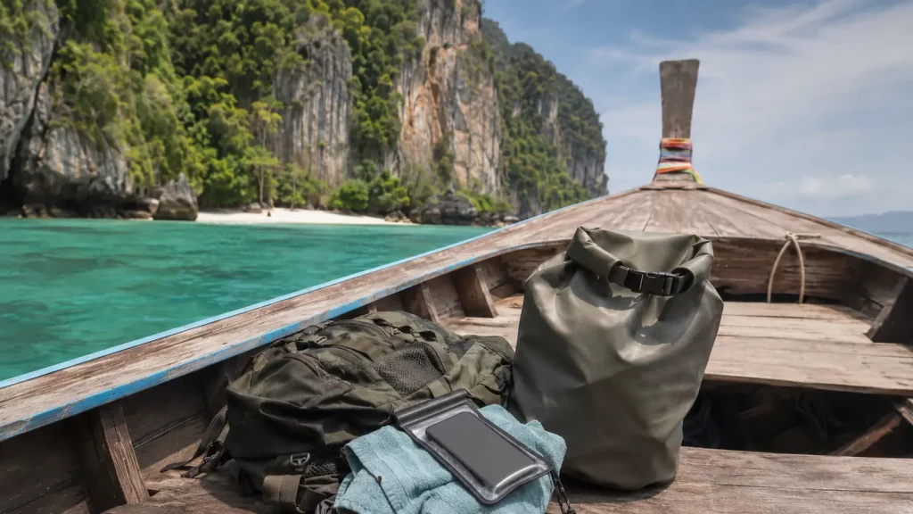 Drybag und Tagesrucksack in einem Longtailboot beim Inselhopping in Thailand