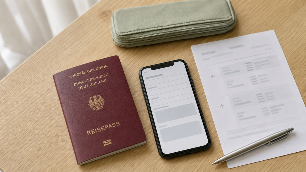 Deutscher Reisepass, Smartphone und Reiseunterlagen zur Vorbereitung der Thailand-Einreise