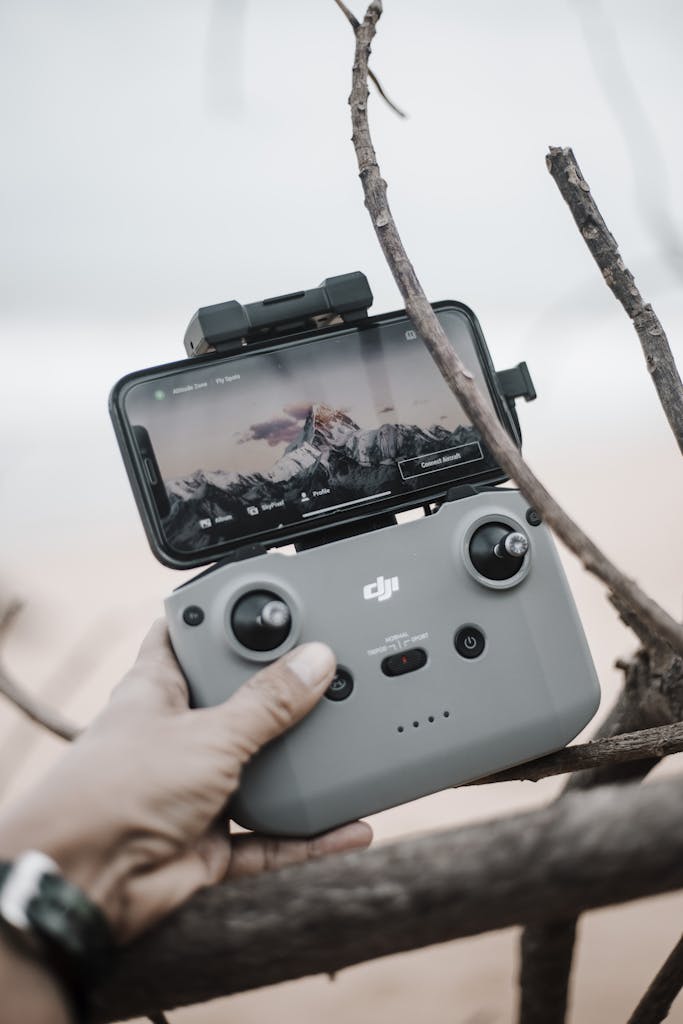 A person's hand holding a drone controller with a smartphone attached, showcasing an outdoor scene.