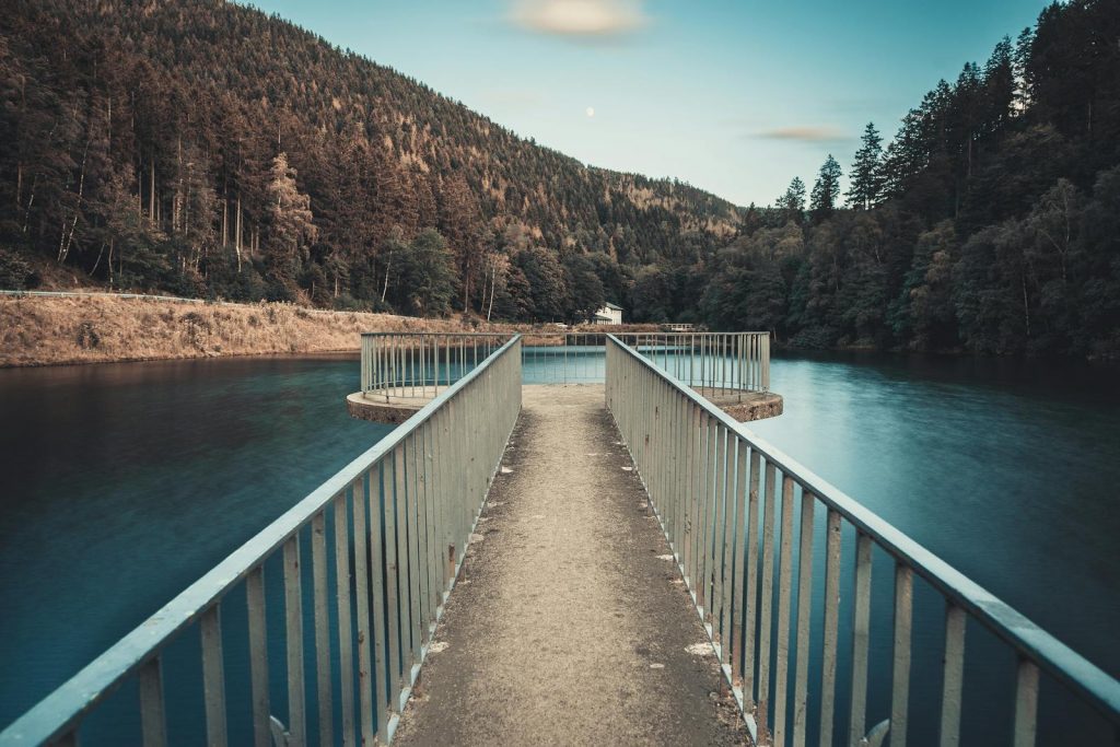 Stunning view from a jetty with metal railings over a serene river in Harz, Germany.