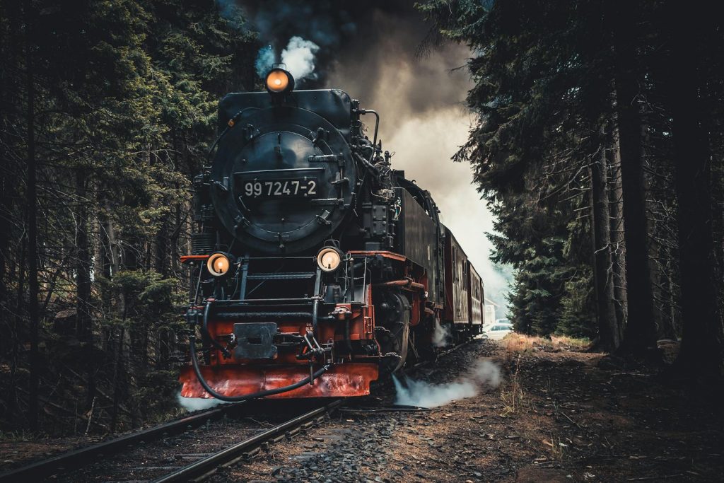 A vintage steam train travels through a dense forest under dramatic skies, exuding nostalgia and adventure.