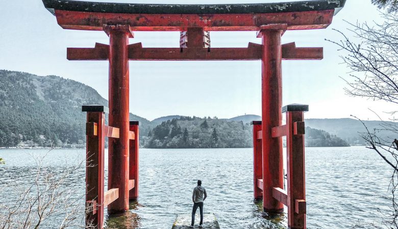 A person stands at Hakone Shrine's iconic torii gate on Lake Ashi, Japan, offering a tranquil view.
