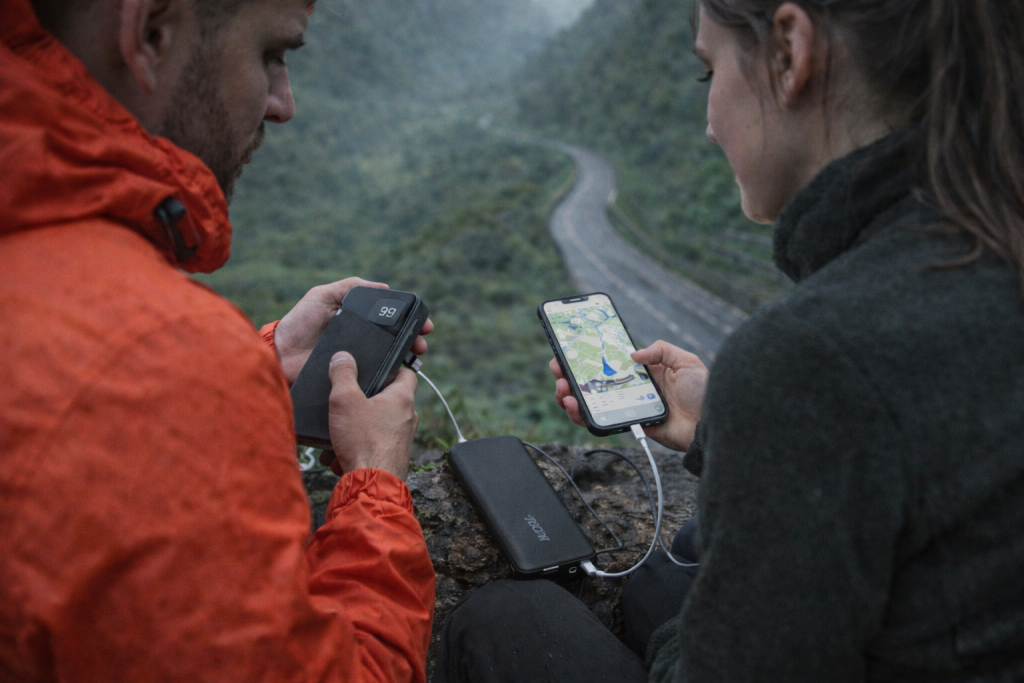 Reise-technik in nebelverhangenen Bergen