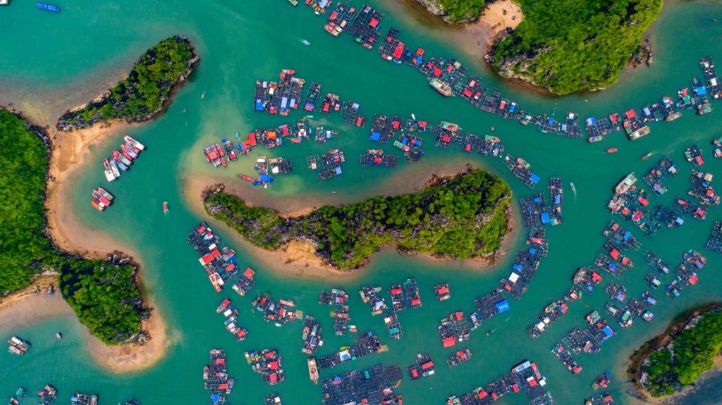 Stunning aerial view of the floating village in Cat Ba, Vietnam.