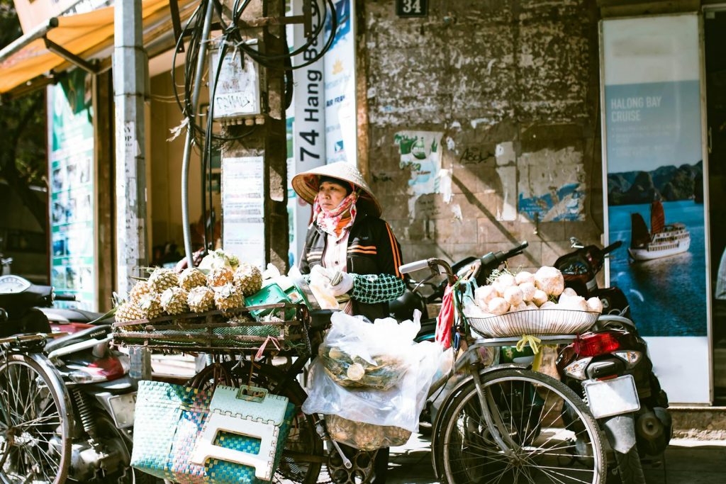 A street vendor selling tropical fruits in Hanoi on a bustling street corner.