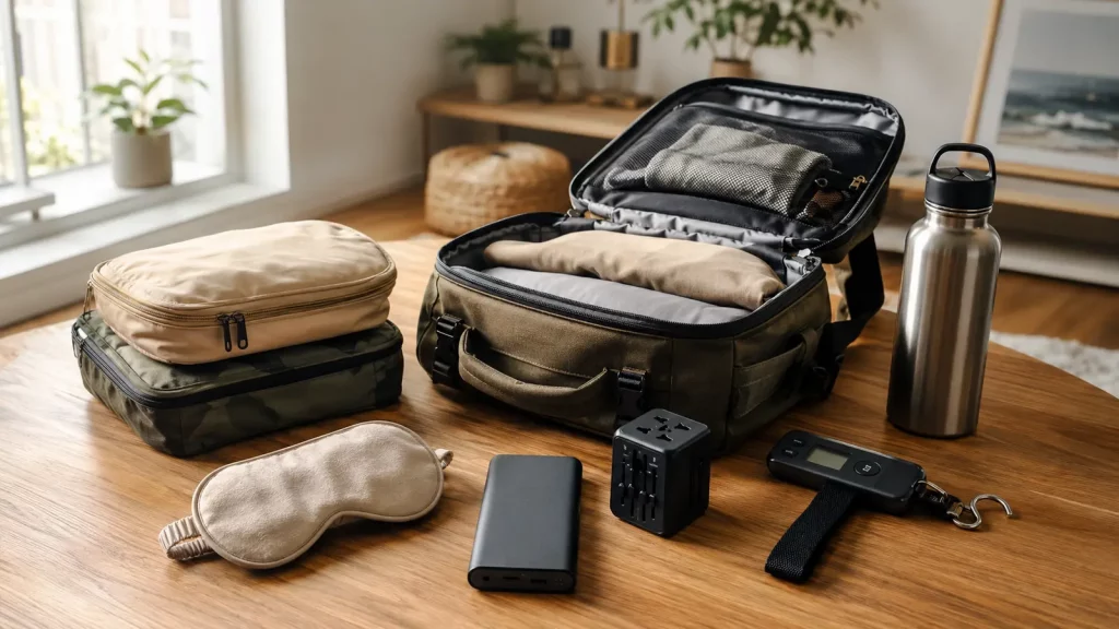 Praktische Reisegadgets mit Rucksack, Packwürfeln, Powerbank und Reiseadapter