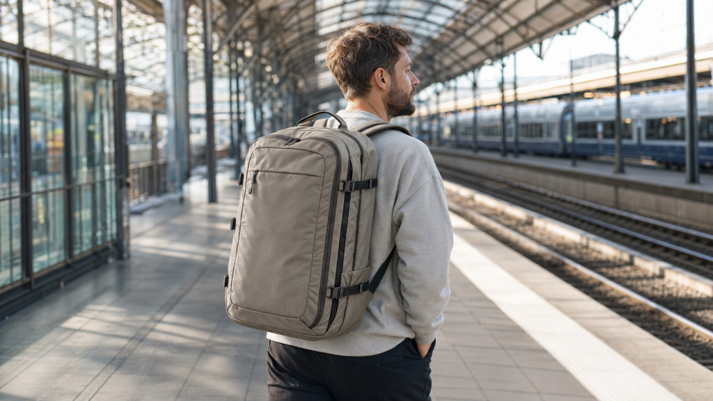 Reisender mit Reiserucksack für Backpacking am Bahnhof