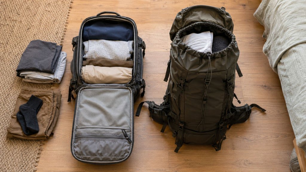 Frontloader und Toploader Reiserucksack beim Packen im Vergleich