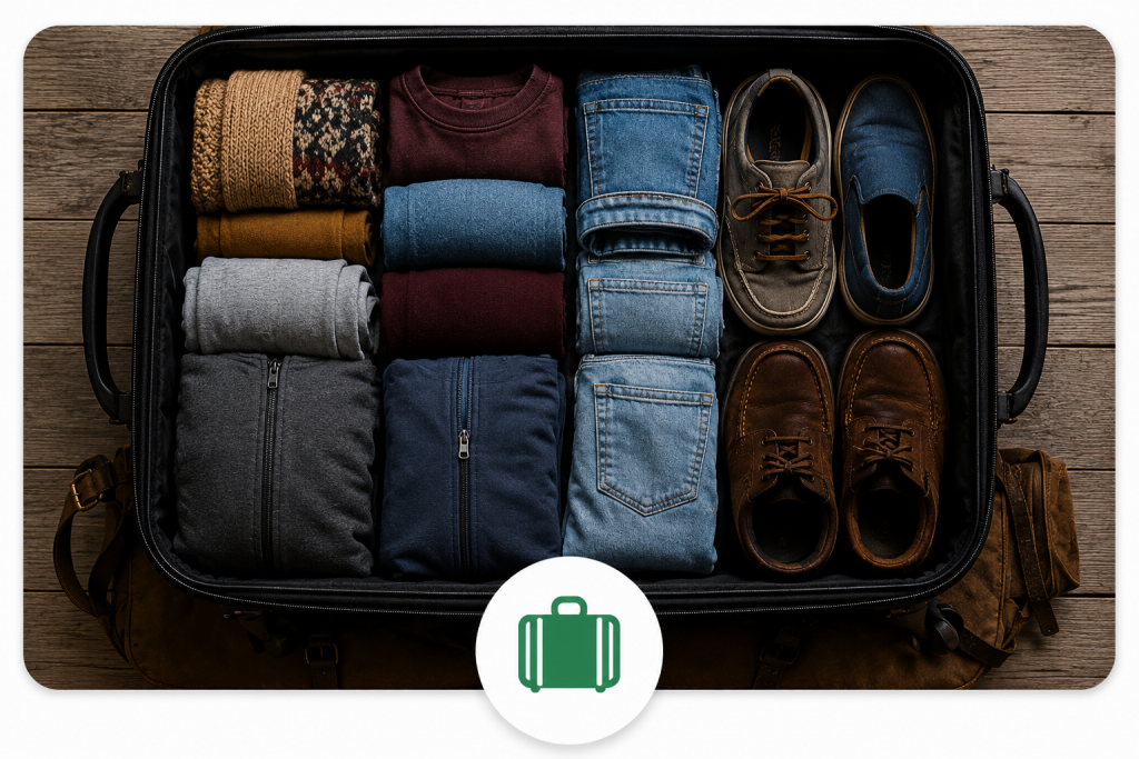 Gepackter Koffer mit Kleidung und Schuhen für eine Reise Packliste mit Koffer-Icon