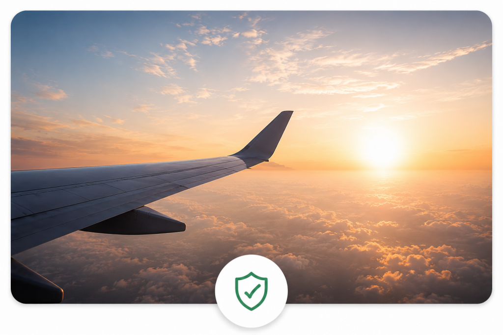 Flugzeugflügel über den Wolken bei Sonnenuntergang als Symbol für sichere Reisen und Reiseversicherung