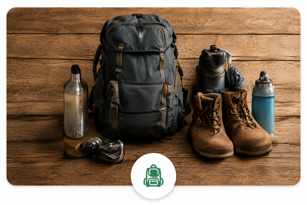 Outdoor Reiseausrüstung mit Rucksack, Wanderschuhen und Trinkflaschen auf Holz Hintergrund