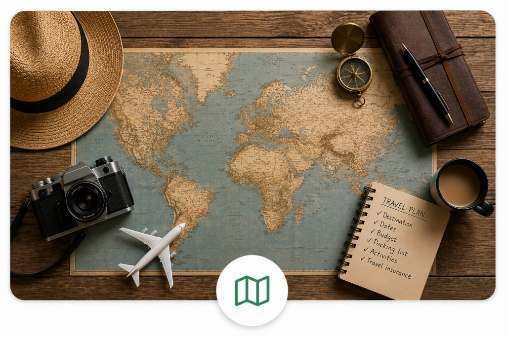 Reiseplanung mit Weltkarte, Kamera und Reiseutensilien auf Holztisch mit modernem Karten-Icon