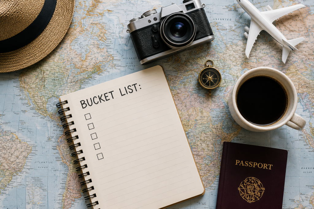 Reiseplanung mit Bucket List Notizbuch, Kamera, Weltkarte, Kaffee und Reisepass als inspirierende Vorbereitung für die nächste Reise