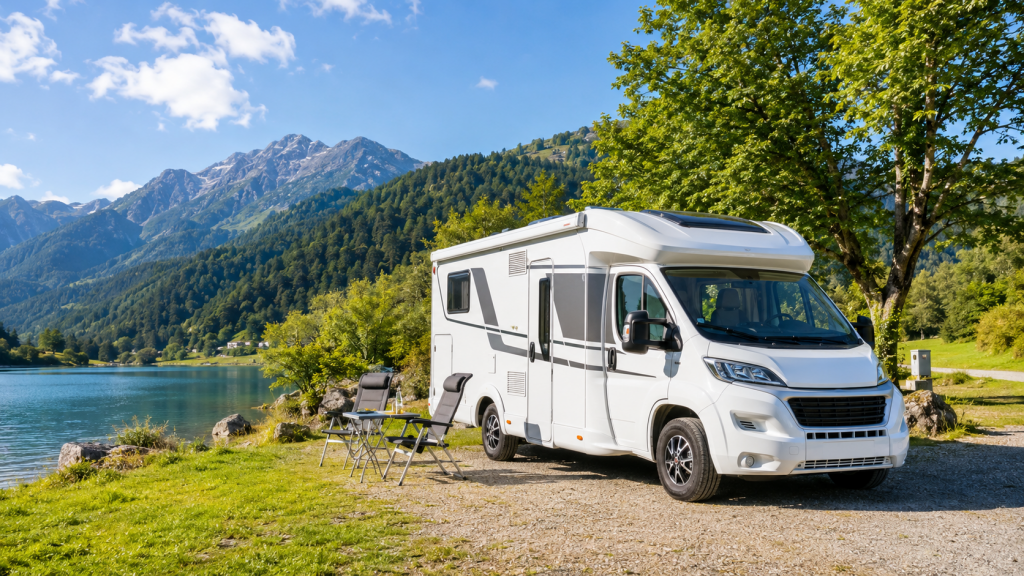 Wohnmobil bei einer Rundreise an einem sonnigen Bergsee