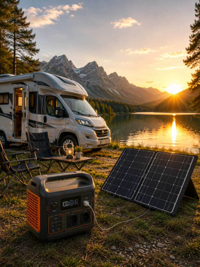 Wohnmobil am Bergsee mit Powerstation und Solarpanel bei Sonnenuntergang – Camping-Stromversorgung und autarke Energie für Wohnmobil, Caravan und Outdoor-Abenteuer.