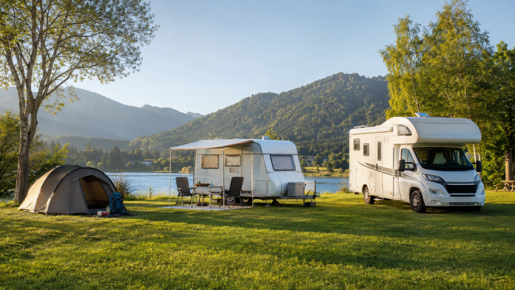 Drei Campingstile am Seeufer