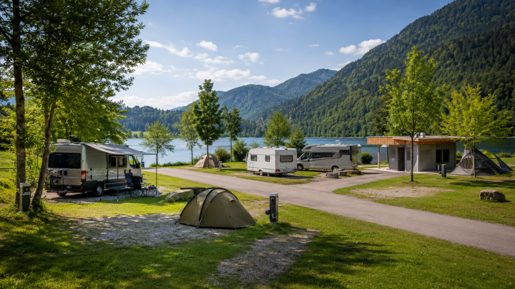 Campingplatz am See mit moderner Ausstattung – ideales Reiseziel für Camping-Anfänger.