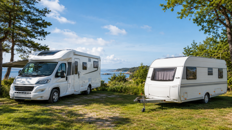 Wohnmobil und Wohnwagen im direkten Vergleich auf einem sonnigen Campingplatz
