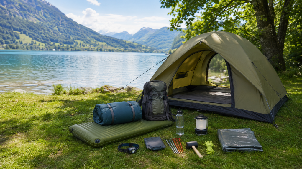 Zeltausrüstung mit Schlafsack, Isomatte und Campinglampe am See