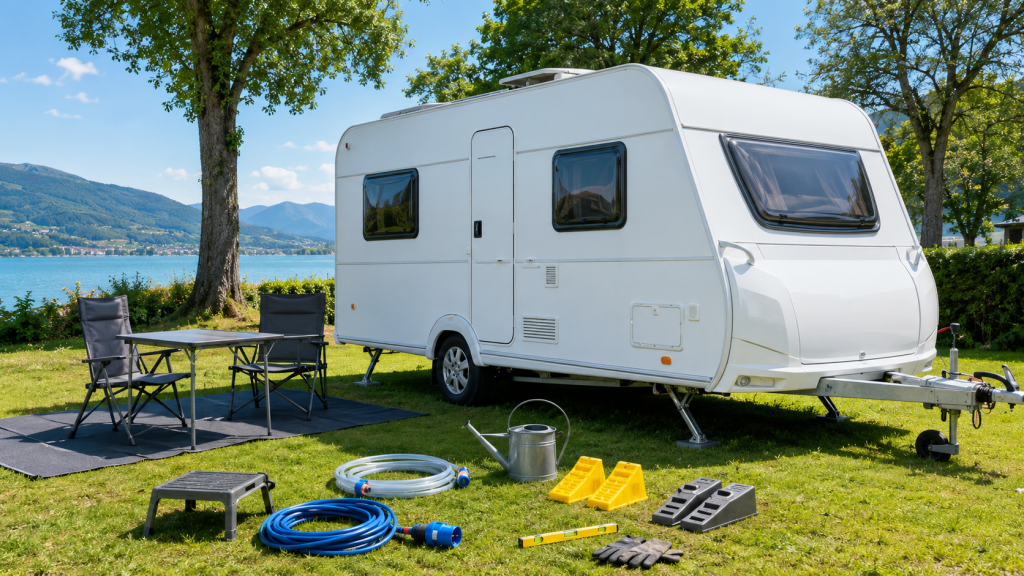 Wohnwagen mit Campingzubehör für Strom, Wasser und sicheren Aufbau“