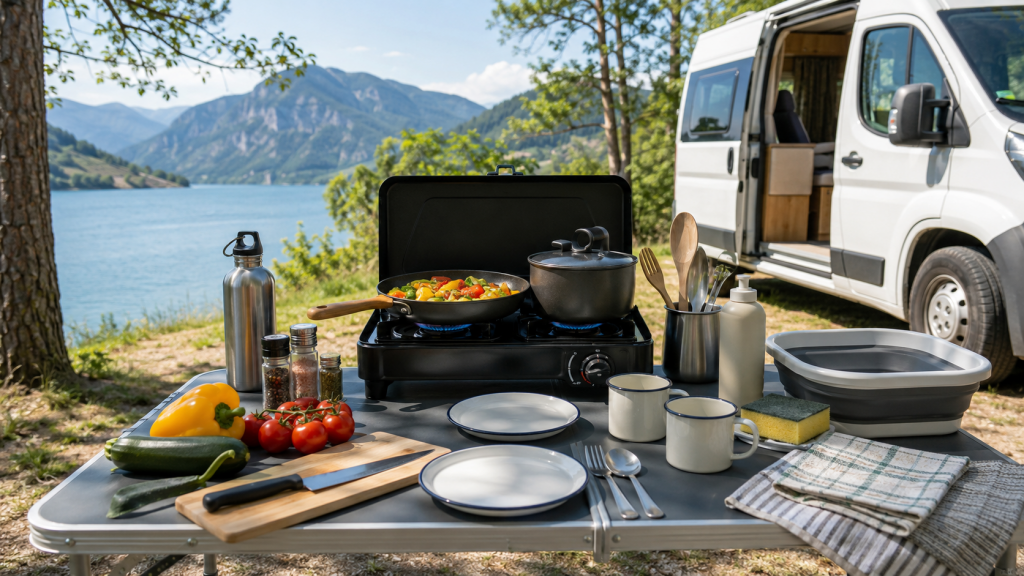 Vollständig ausgestattete Campingküche mit Kocher und Geschirr