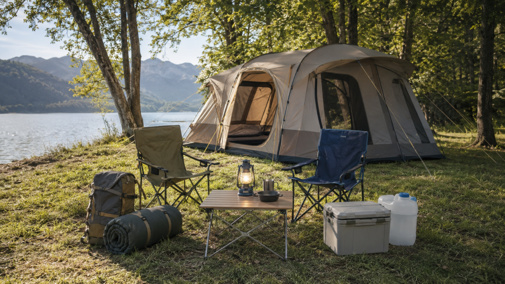 Camping-Ausrüstung für einen Urlaub mit Zelt