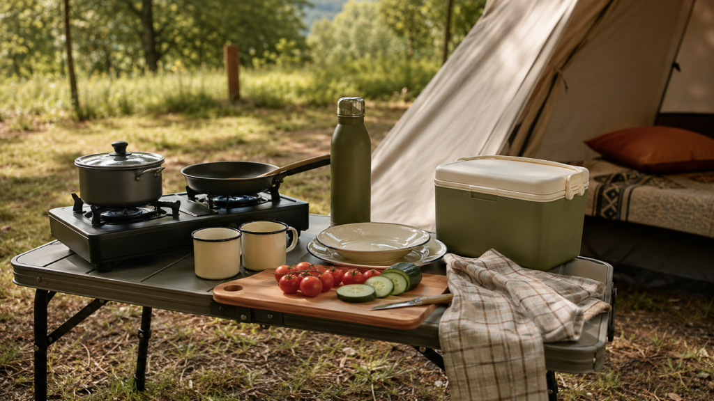 Kompakte Campingküche mit Kocher und praktischem Geschirr