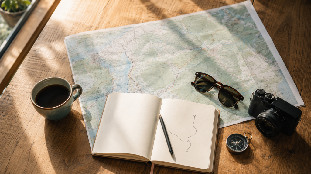 Reiseplanung mit Karte, Notizbuch, Kamera und Kompass