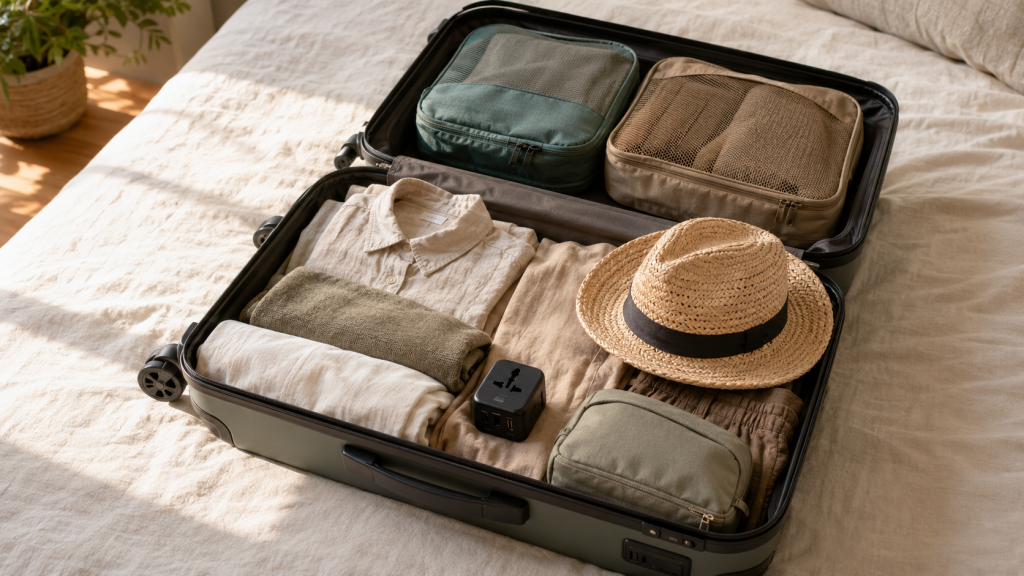 Geöffneter Reisekoffer mit Kleidung und praktischen Packtaschen