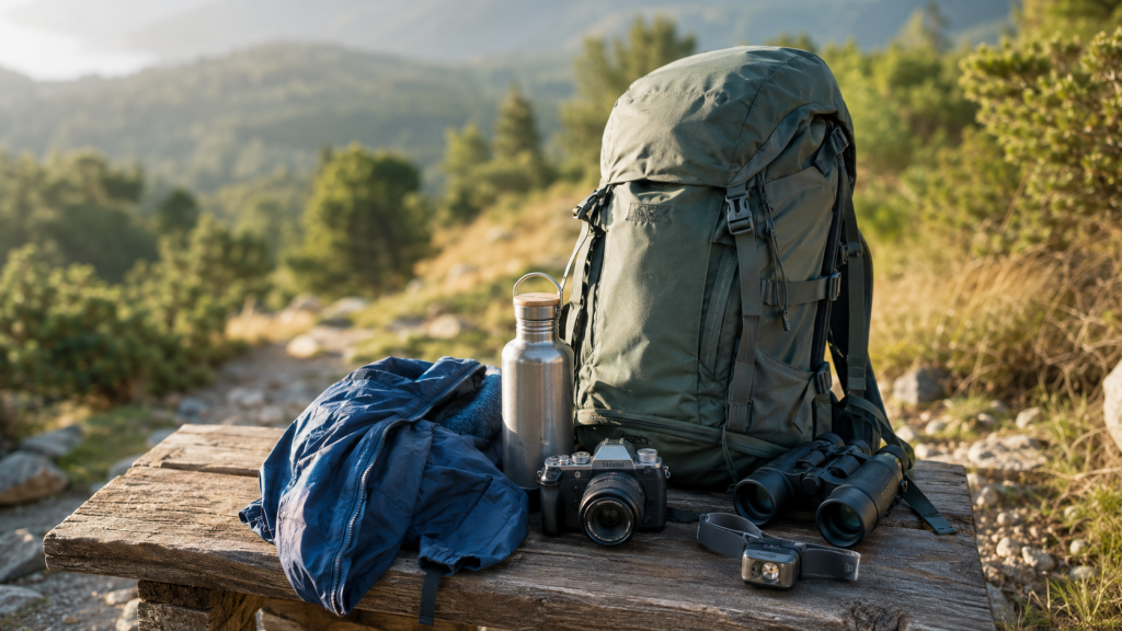 Reiserucksack mit Kamera und Outdoor-Ausrüstung beim Wandern