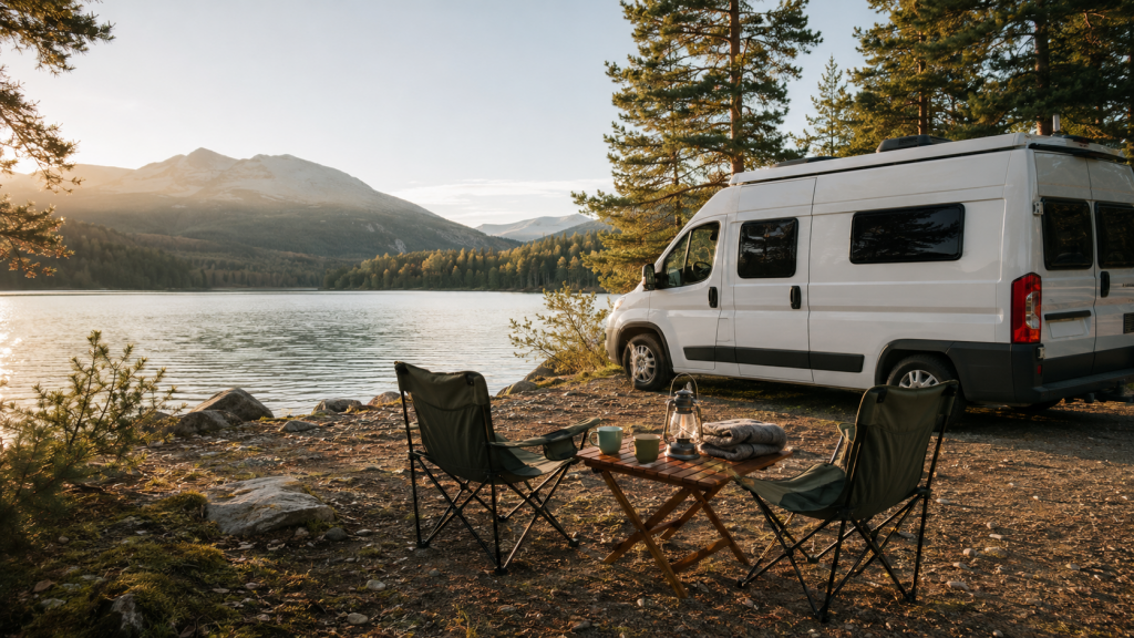 Wohnmobil am Bergsee mit Campingstühlen und Campingtisch