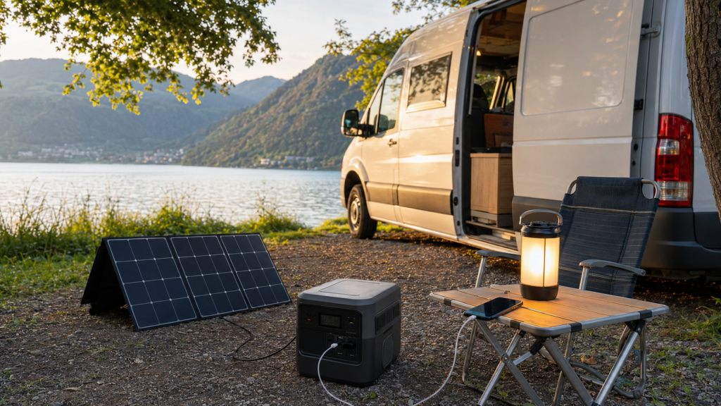 Campinggeräte neben einer Powerstation zur Berechnung des Strombedarfs