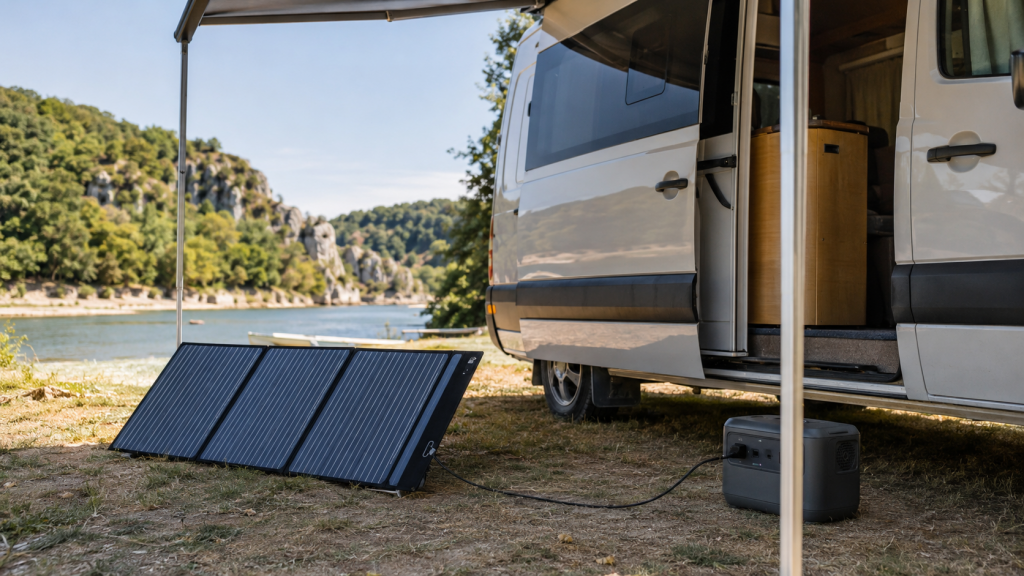 Mobile Powerstation und faltbares Solarpanel vor einem Wohnmobil – ideal für autarkes Camping ohne Landstrom.