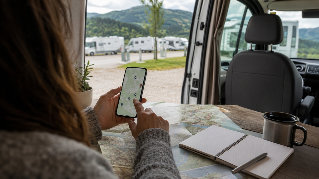 Reisende sucht mit dem Smartphone nach einem Wohnmobilstellplatz