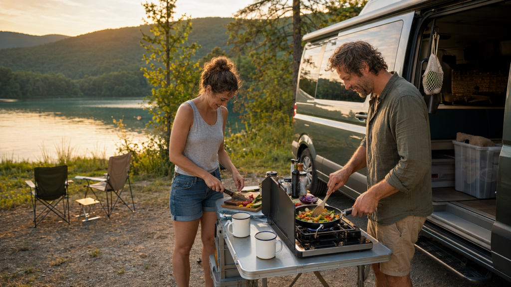 Paar kocht in einer Campingküche vor dem Wohnmobil
