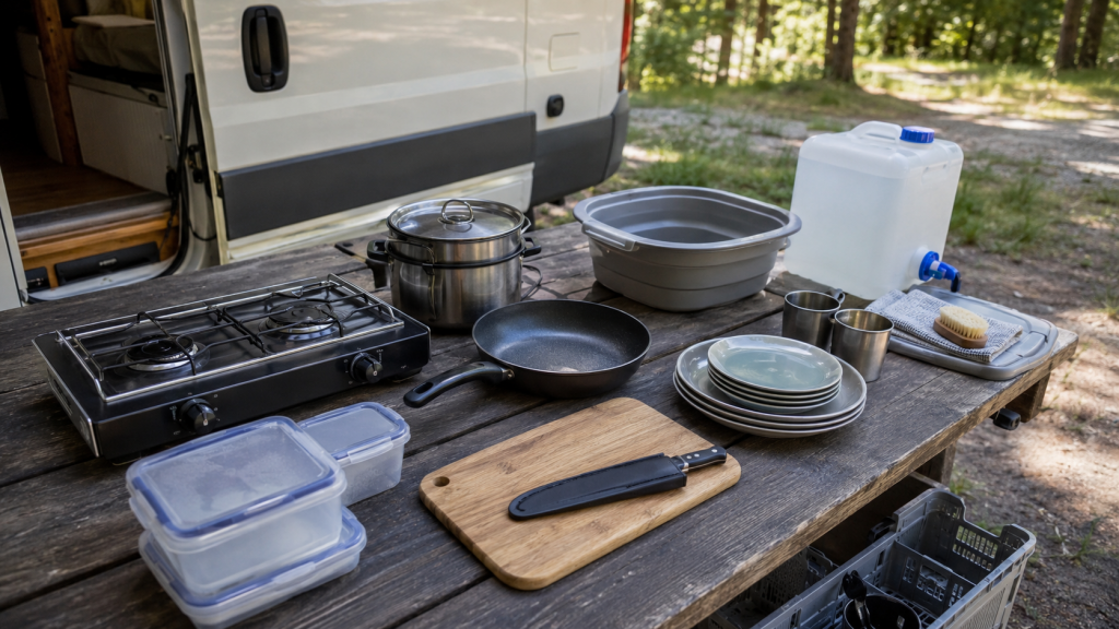 Campingkocher, Töpfe und Küchenzubehör auf einem Campingtisch