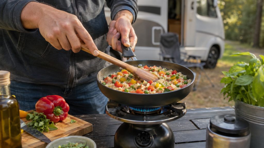 Gemüse-Reis-Pfanne wird auf einem Campingkocher zubereitet