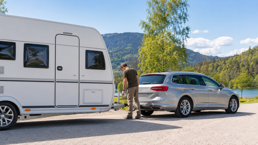 Sicher angekoppelter Wohnwagen mit Zugfahrzeug vor der Abreise