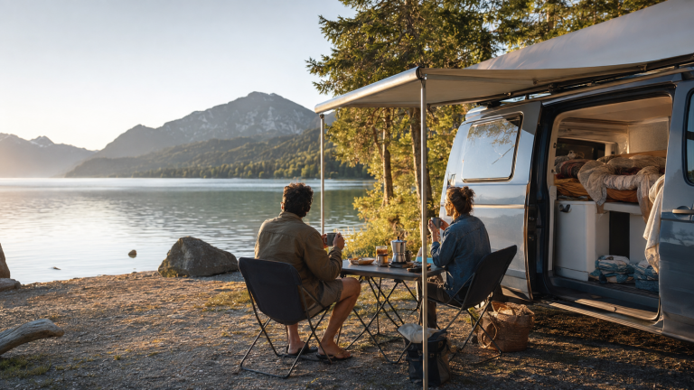 Paar beim Camping mit Camper an einem Bergsee