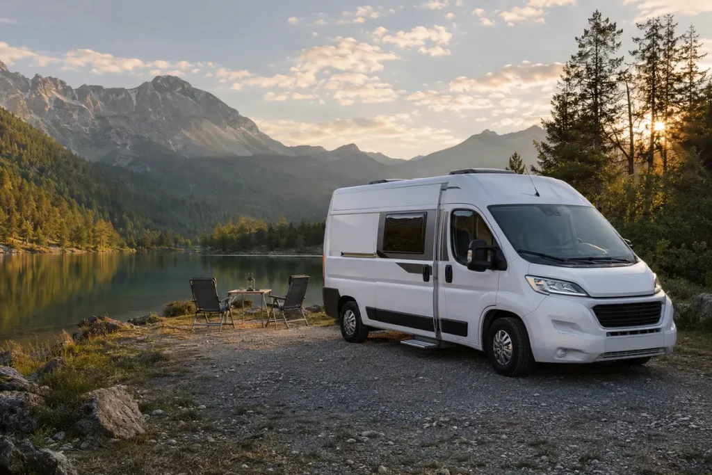 Wohnmobil auf einem naturnahen Campingplatz