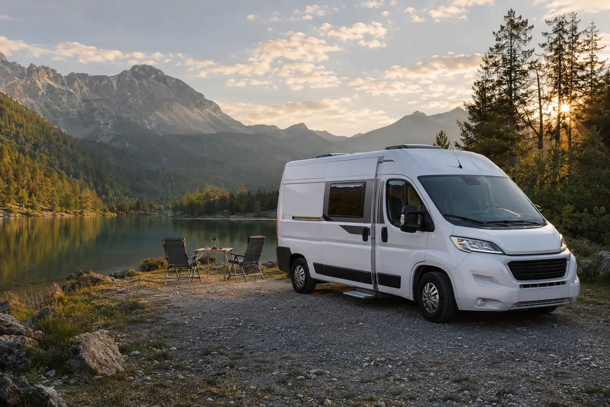 Wohnmobil auf einem naturnahen Campingplatz