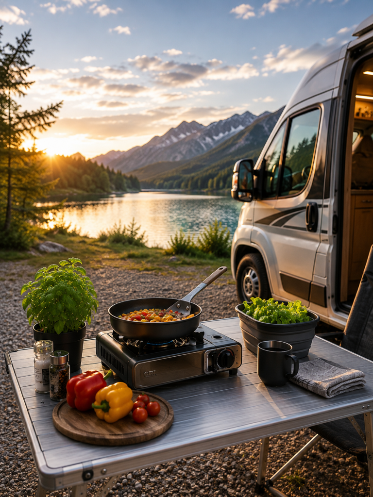 Campingküche vor einem Wohnmobil am Bergsee bei Sonnenuntergang – mobiler Gaskocher, frische Zutaten und praktische Outdoor-Küche für Camping und Caravaning.