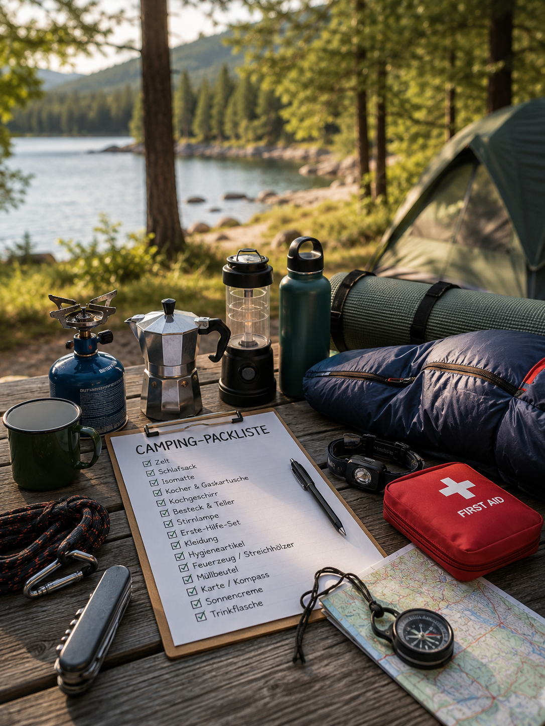 Camping-Packliste mit wichtiger Campingausrüstung auf einem Holztisch am See – Schlafsack, Erste-Hilfe-Set, Campingkocher, Karte und Outdoor-Equipment für einen entspannten Campingurlaub.