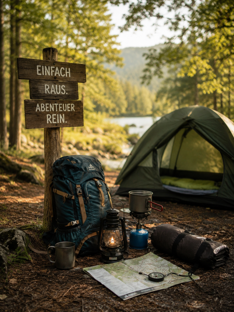 Camping für Anfänger – Zelt, Rucksack und Campingausrüstung auf einem naturnahen Campingplatz am See mit Karte und Kocher für den ersten Campingurlaub.