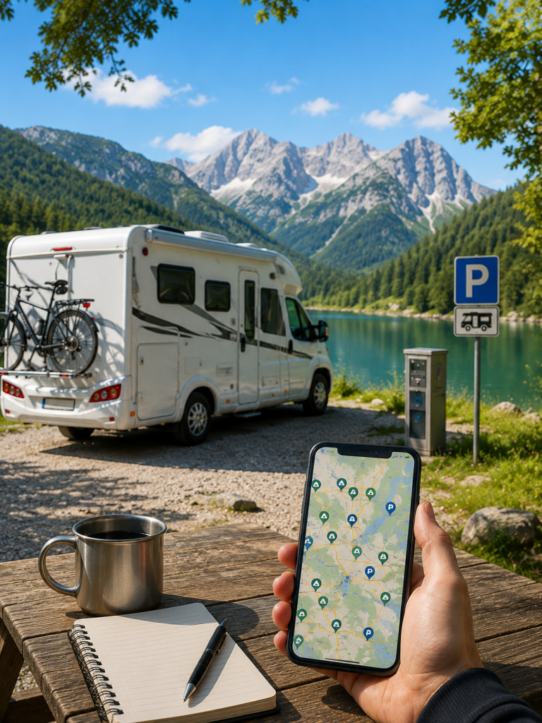 Wohnmobil auf einem Stellplatz am Bergsee mit Smartphone zur Stellplatzsuche – Tipps und Apps zum Finden von Camping- und Wohnmobilstellplätzen für entspannte Caravaning-Reisen.